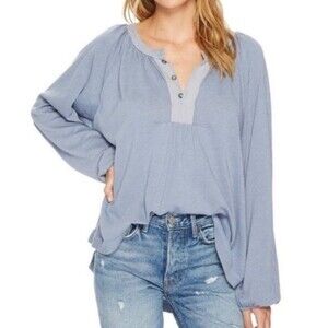 Free People Acadia Henley Blue Top Womens M Boho Oversized We The Free Tunic